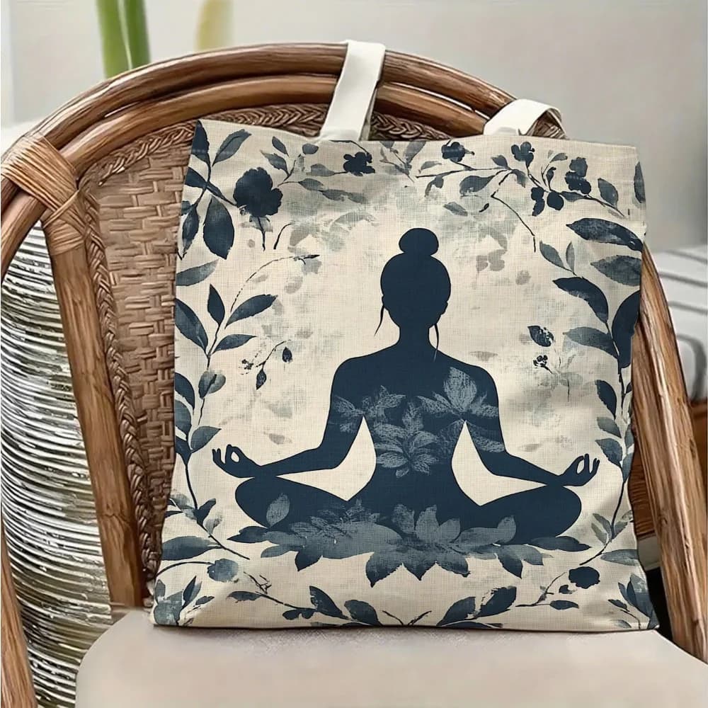 Borsa a tracolla in tela a tema yoga e meditazione, con motivi vegetali e floreali, per donne che praticano la meditazione con le gambe incrociate, borsa tote leggera e pieghevole, borsa riutilizzabile con tracolla fissa, regalo perfetto per yoga, fitness, pendolarismo, viaggi, shopping, scuola e vacanze