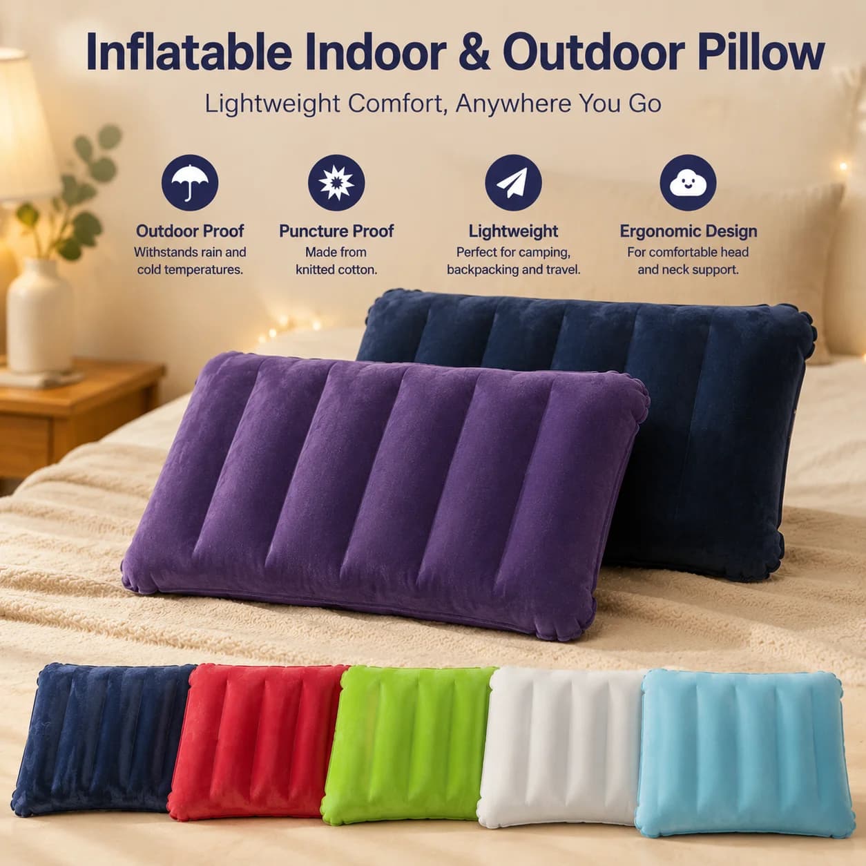Inflatable Flocked Pillow Soft Portable Travel Camping Pillow for Indoor Outdoor Home Bed Sofa Car Neck Support Selling