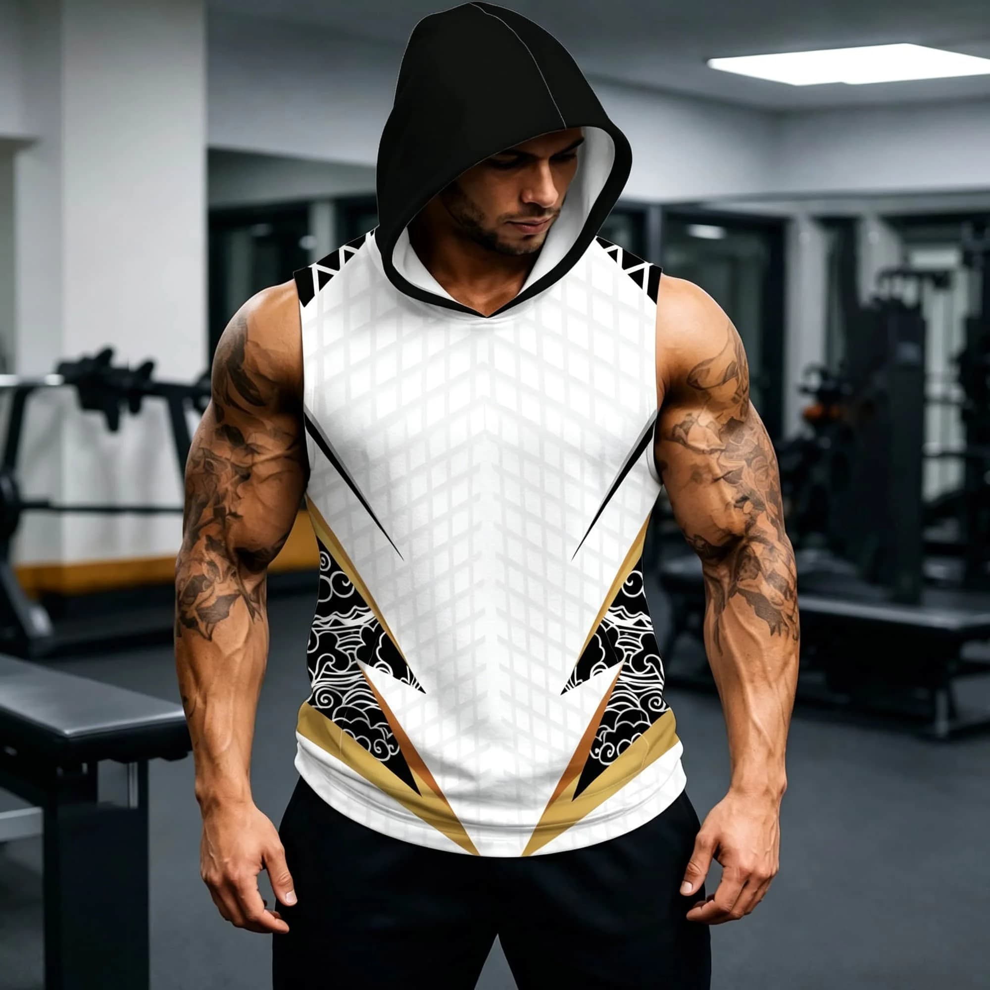 Oversized Sleeveless Hood Tank Top Men White Grid Background Black Gold Chinese Cloud Decor Breathable Summer Gym Casual Vest