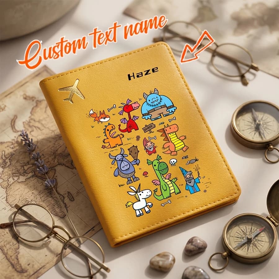 Personalized Custom Name Text Passport Holder, Cartoon Dinosaur Monster Passport Case, Passport Cover And Document Organizer