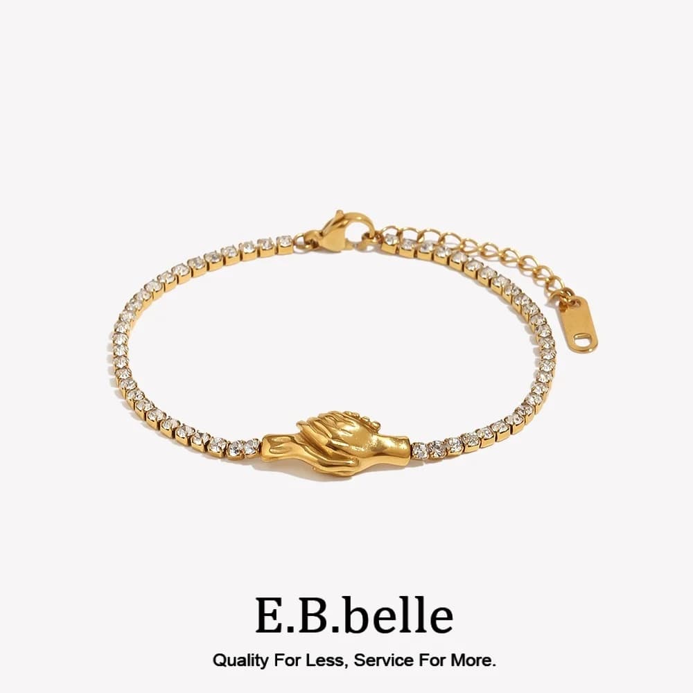 E.B.belle Holding Hands Charm Tennis Crystal Bracelet Stainless Steel 18K Gold Plated Chain Bracelet Romantic Minimalist Jewelry