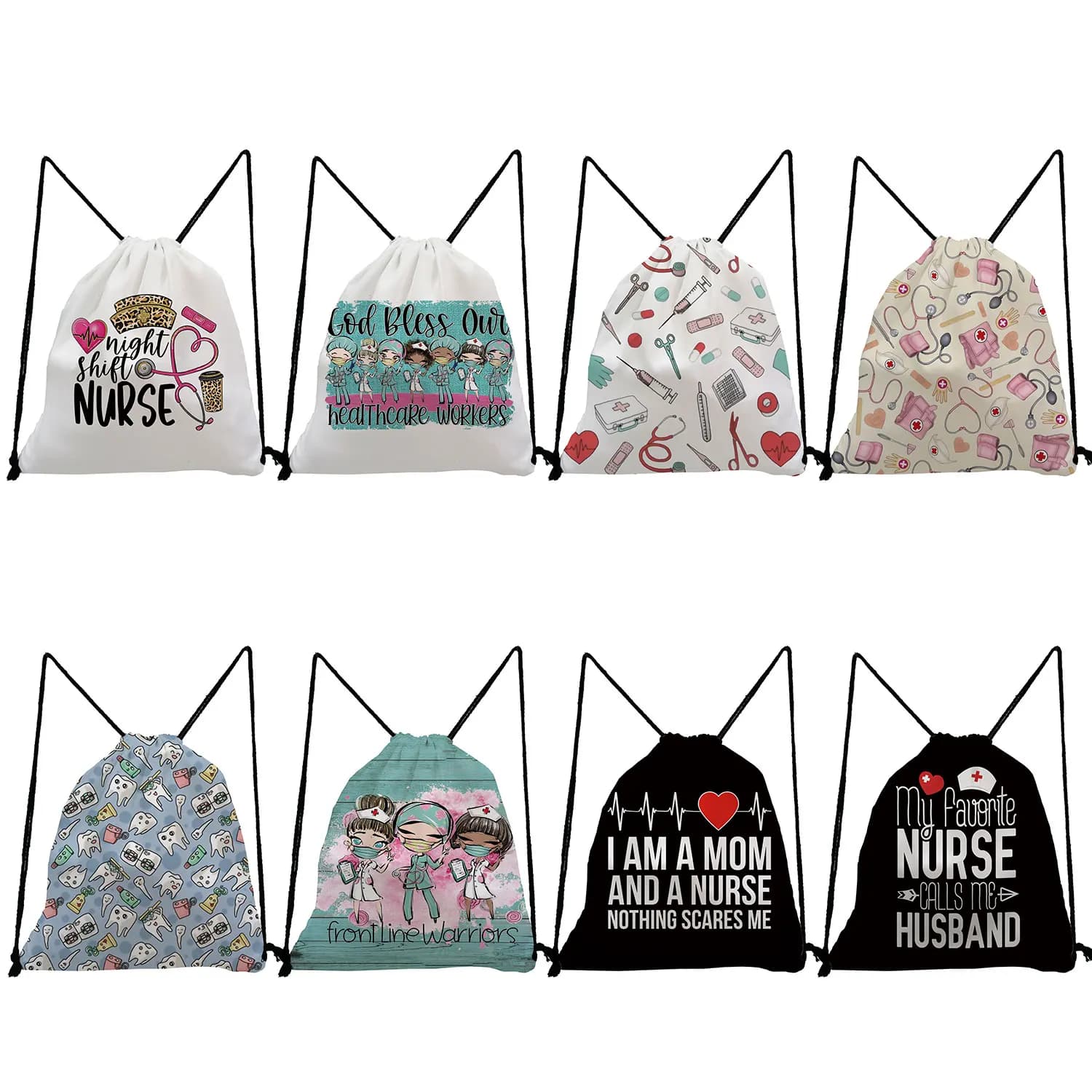 Zaini personalizzati con stampa infermiera dentista cartone animato per studenti borsa per scarpe portatile con tasca con coulisse di moda a trasferimento termico