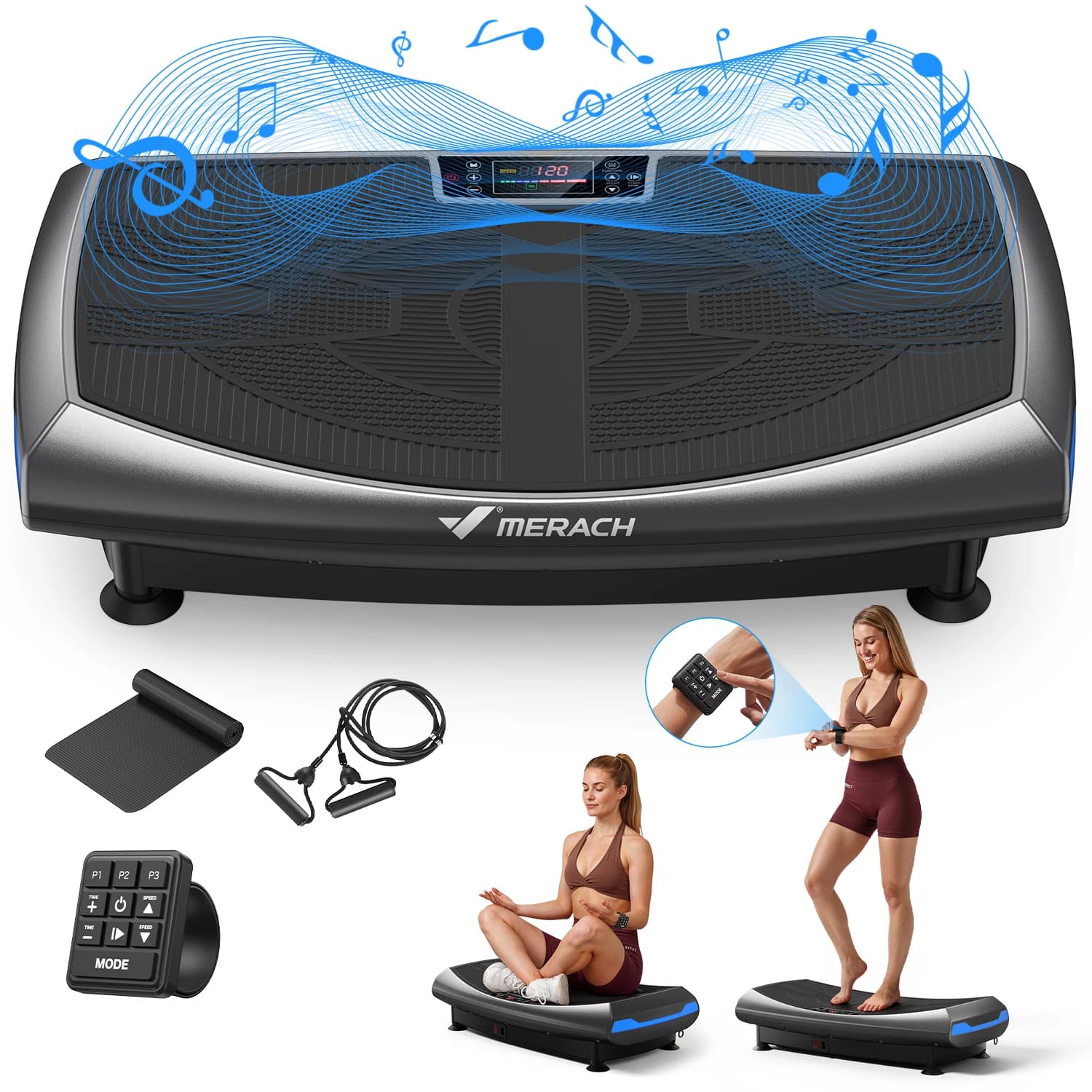 Merach 4D Vibration Plate Exercise Machine Full Body Workout Equipment Shake Board with 450lbs Capacity 120 Speeds 7 Vibrating Modes & 3 Presets 2 Resistance Bands Bluetooth Vibration Fitness Platform for Weight Loss Fat Burner Lymphatic Drainage Gym Home