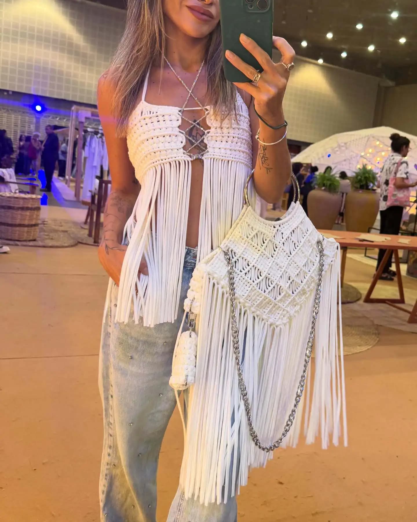 Top da donna sexy con frange e nappe, canotta con laccetti a catena, gilet boho da spiaggia, copricostume all'uncinetto, bikini, abbigliamento da bagno femminile