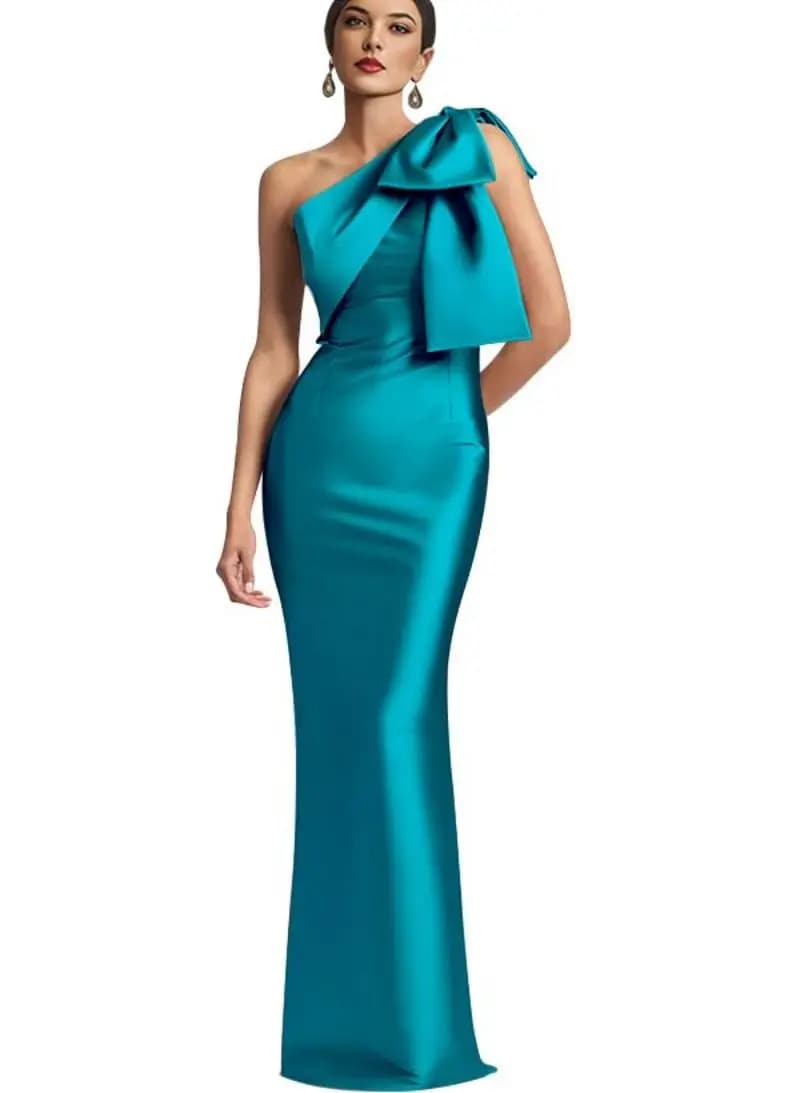 Single shoulder satin evening dresses, elegant, solid color, sleeveless, formal dress with backless mermaid, adhering, with large bow