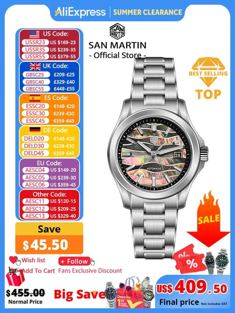 San Martin Official New 39mm Color Splicing MOP Dial Miyota 9015 Automatic Men's Watch Waterproof 100m SN0150