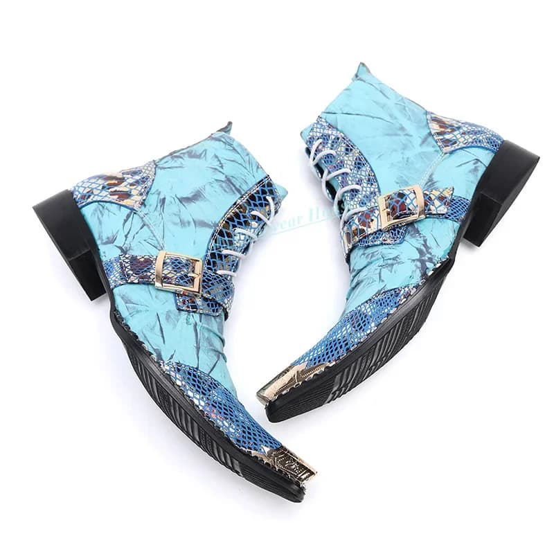 Stivali alti da uomo in pelle verniciata con decorazione con fibbia stile inglese Punta in metallo a punta Scarpe da sposa con cerniera laterale maschile