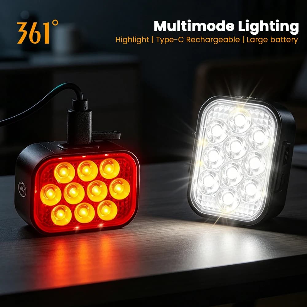 Luci per Bicicletta 361 Degrees, Faro Anteriore Bianco e Luce Posteriore Rossa, Ricaricabile USB-C, Illuminazione per MTB e Ciclismo