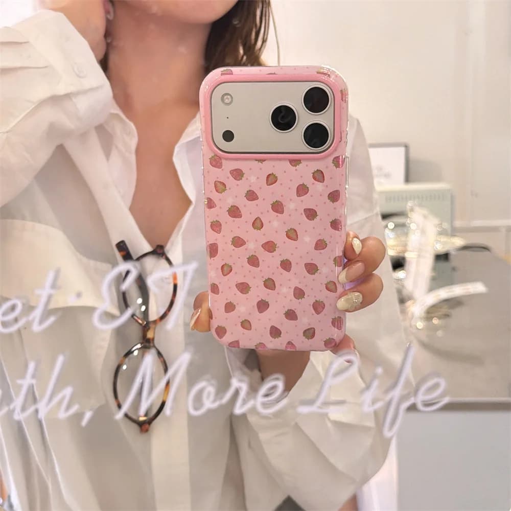 Custodia per telefono coreana con glitter a forma di fragola, simpatica e antiurto, per iPhone 16 Pro, 17 Pro Max, 13, 14, 15, 14 Pro Max - Cover Kawaii