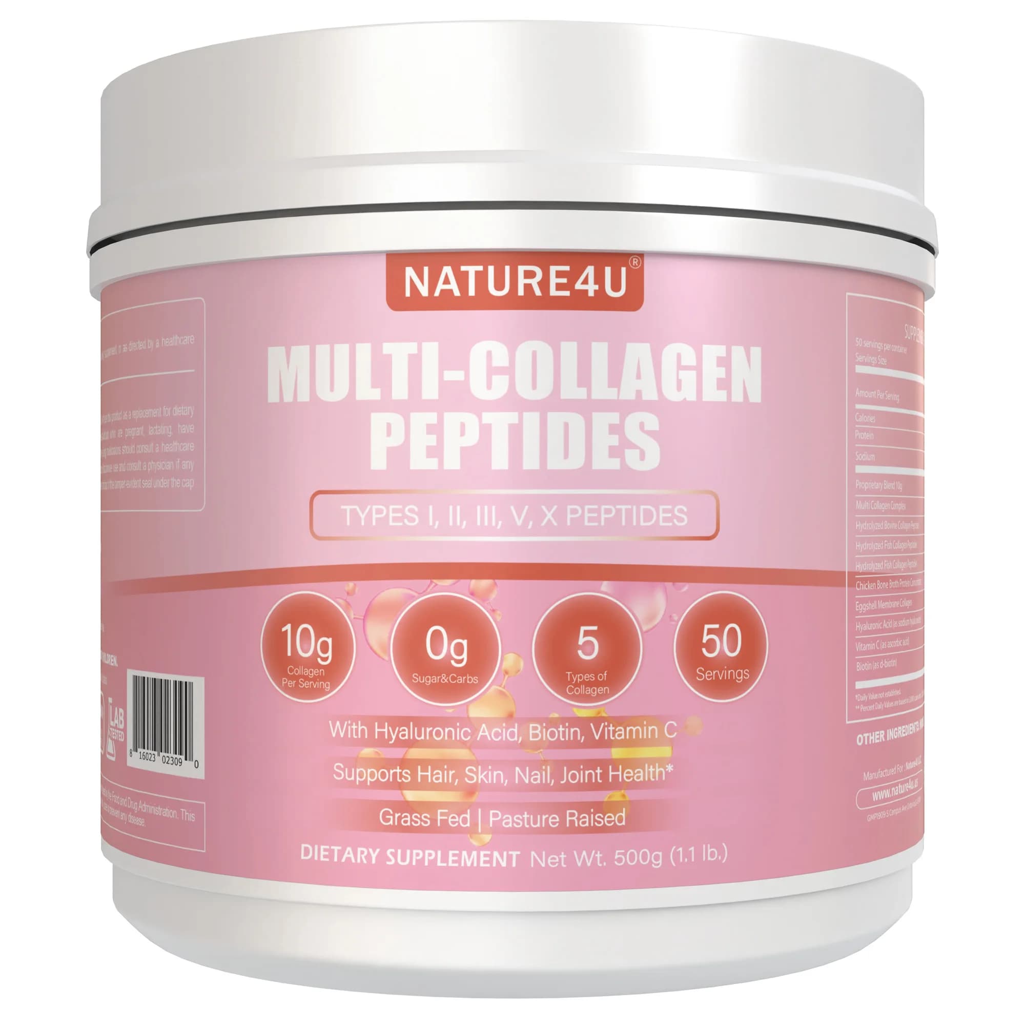 Nature4U Multi collagene peptidi in polvere con biotina, acido ialuronico, vitamina C per capelli sani, pelle, unghie, articolazioni, 1.1LB