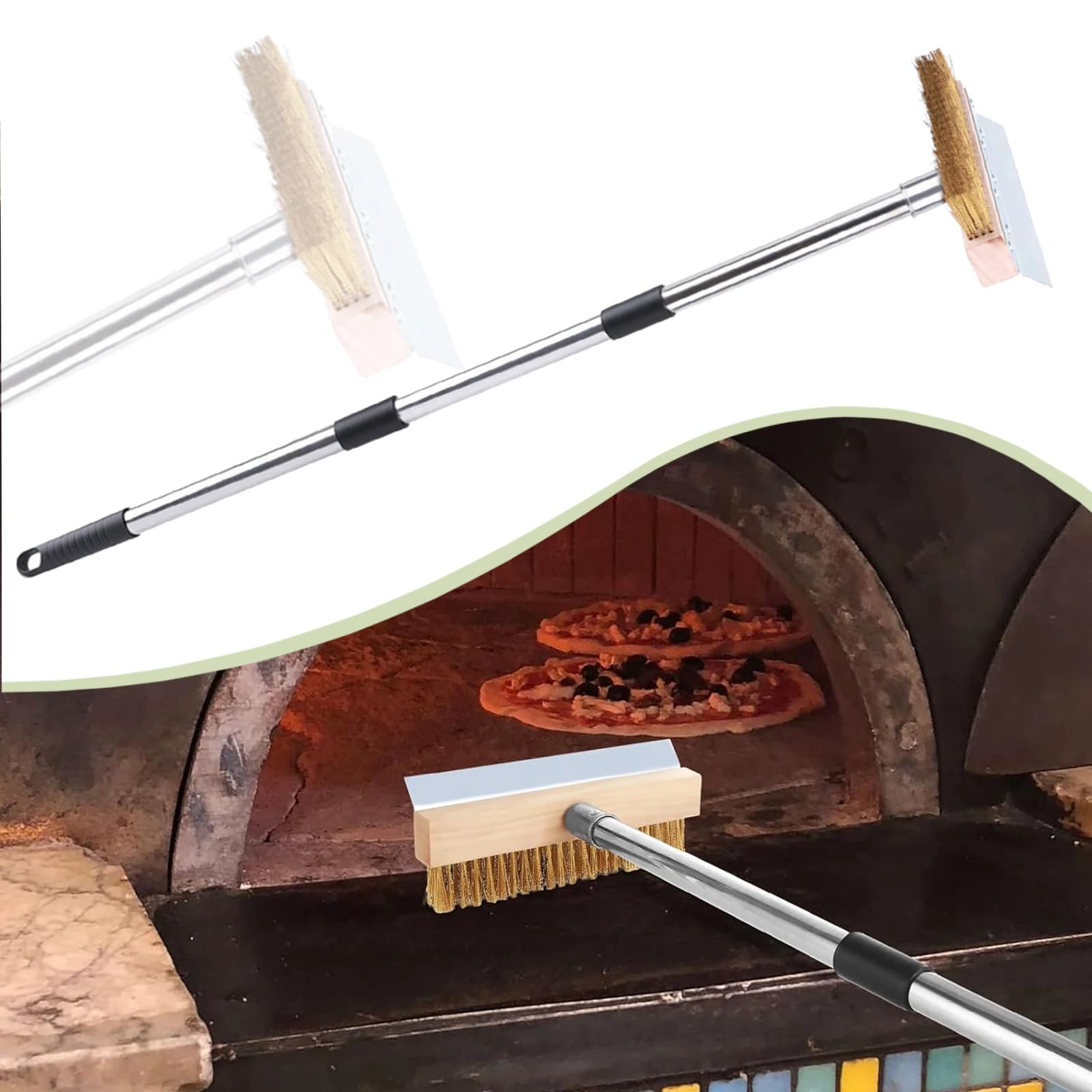 Spazzola per Forno Pizza Regolabile, Spazzola per Griglia con Setole in Ottone Robuste, Spazzola per Pietra Refrattaria per Ristoranti, Accessori per Forno Pizza e BBQ