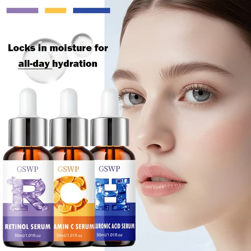 Set di sieri idratanti giorno e notte GSWP, contenente retinolo, acido ialuronico e vitamina C. Profondamente idratante, senza alcol. 90ml