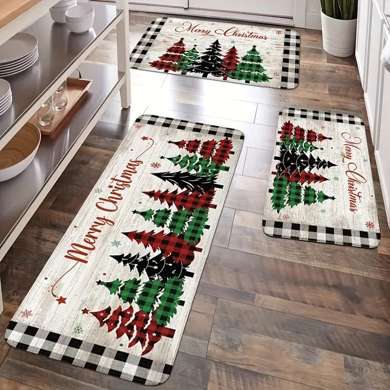 VIKAMA Christmas Kitchen Mat, Vintage Christmas Tree Rug, Wooden Board Rug, Buffalo Plaid Rug, Christmas Holiday Atmosphere Deco