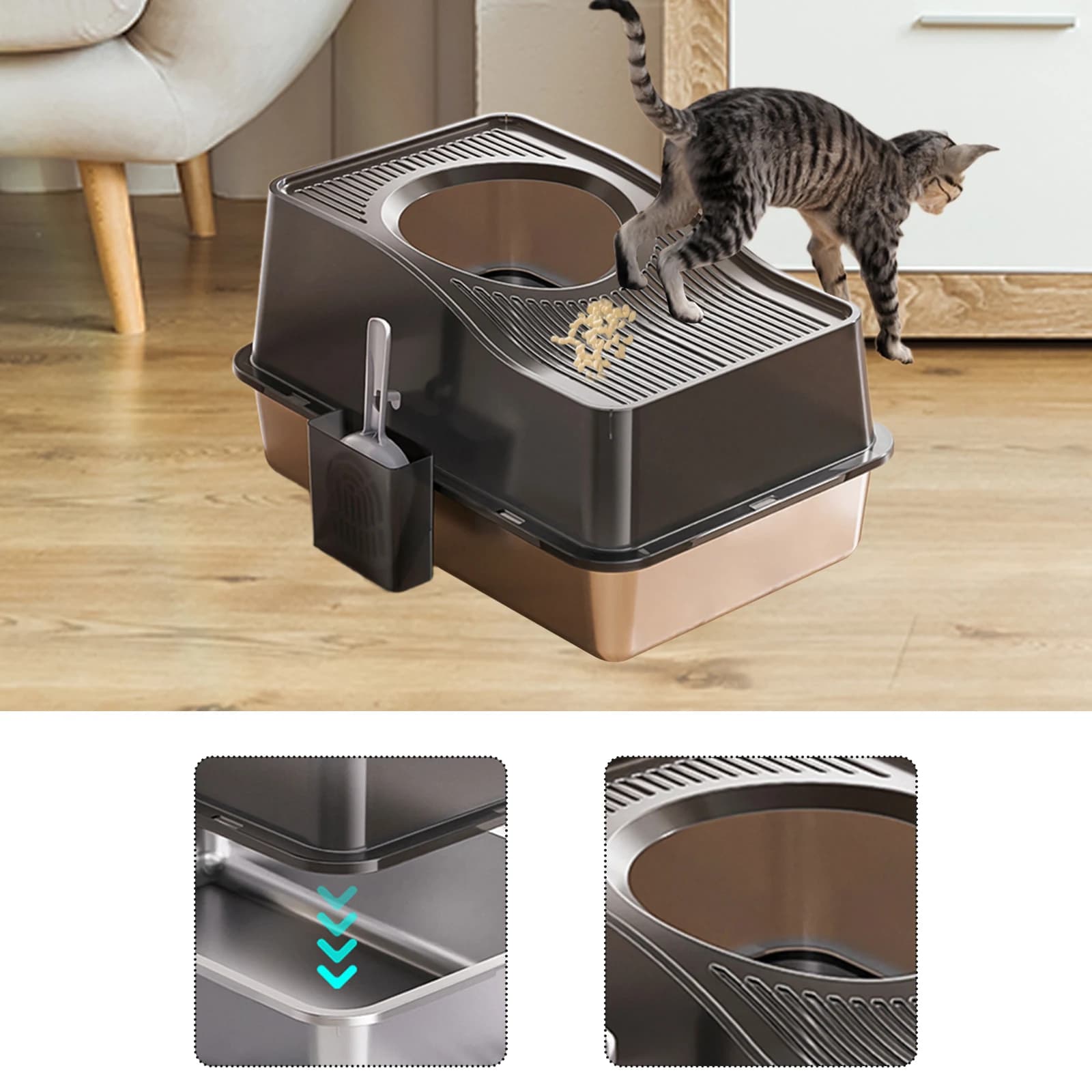 Lettiera per gatti in acciaio inossidabile Lettiera chiusa leggera completamente chiusa con paraspruzzi con tappetino per lettiera e paletta