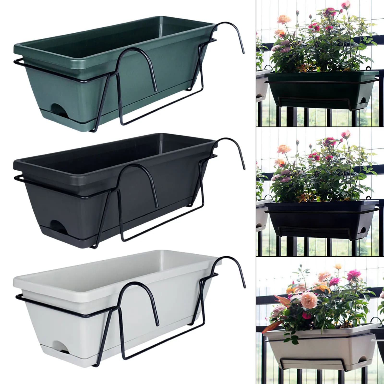 Fioriera per ringhiera per balcone, cesto per piante, fioriera per recinzione con rack e vassoio, vaso da fiori, finestra, fioriera per campagna, cortile