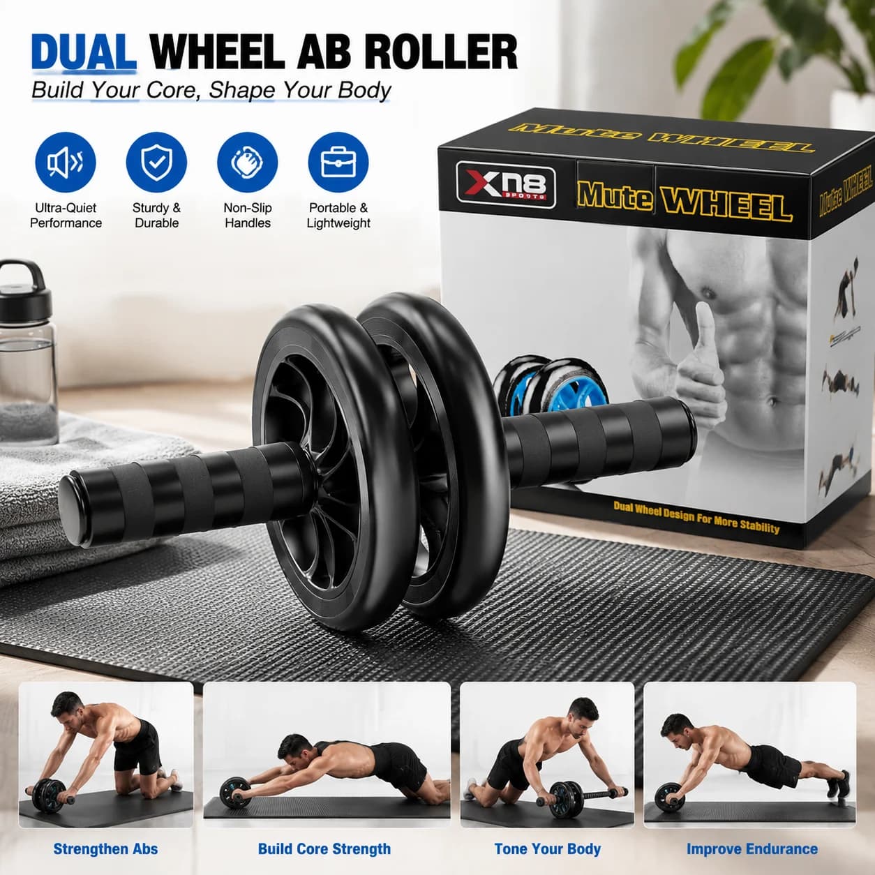 Dual Wheel Ab Roller for Men & Women, Abdominal Exercise Trainer with Non-Slip Handles, Home Gym Equipment