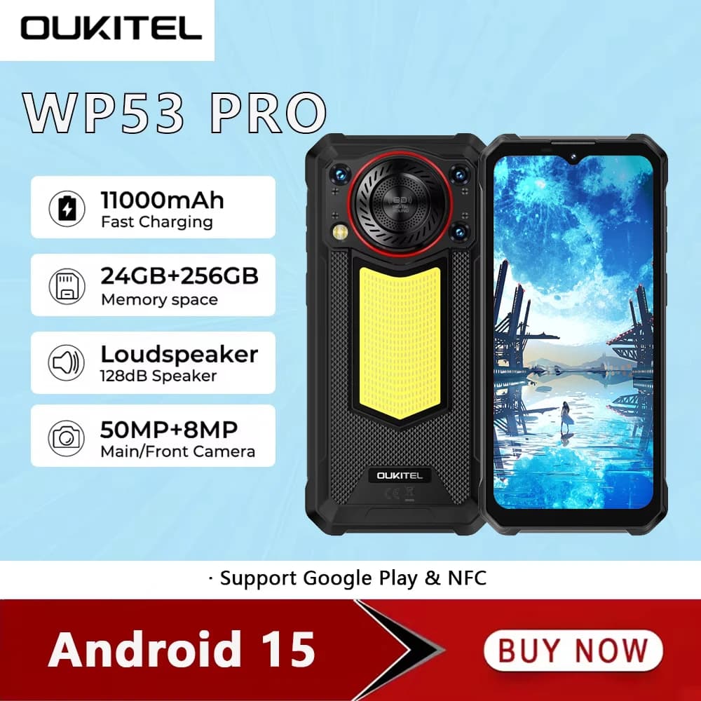 OUKITEL WP53 PRO 4G Smartphone robusto Android15 6,52 pollici 24 GB di RAM + 256 GB di ROM Telefono cellulare 11000 mAh 50 MP 18 W Telefoni cellulari NFC