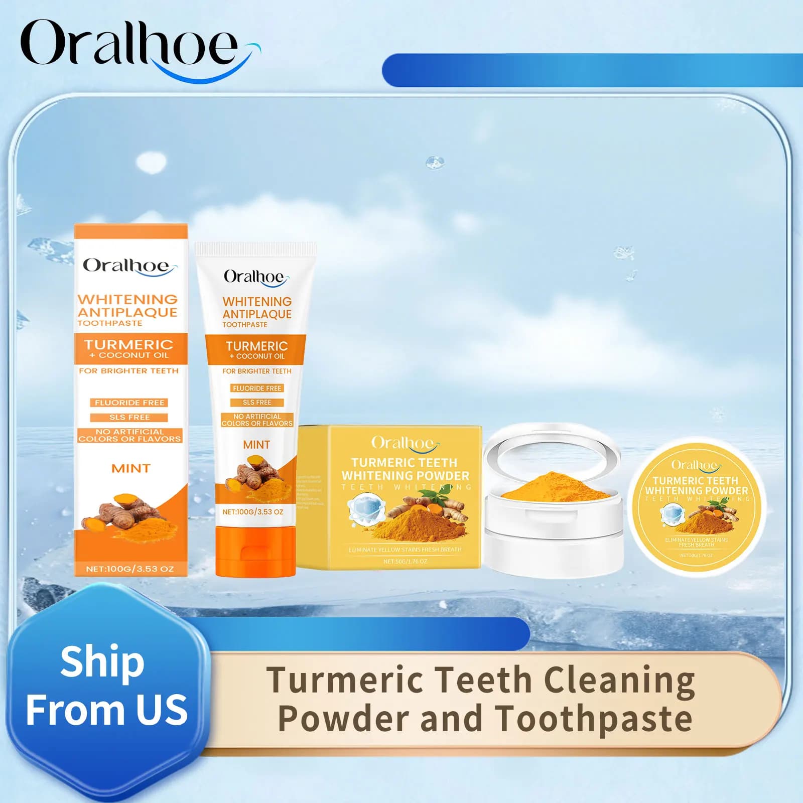 Oralhoe 50g Polvere per la pulizia dei denti alla curcuma Rimuovi macchie di tartaro Illumina i denti gialli Alito fresco Dentifricio sbiancante per i denti