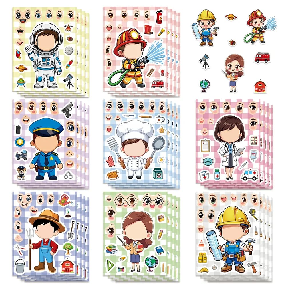 8/16 Fogli di Adesivi Decorativi per il Viso a Tema Cartone Animato, Giocattoli Educativi per Bambini in PVC, Adesivi Impermeabili per Uso Quotidiano