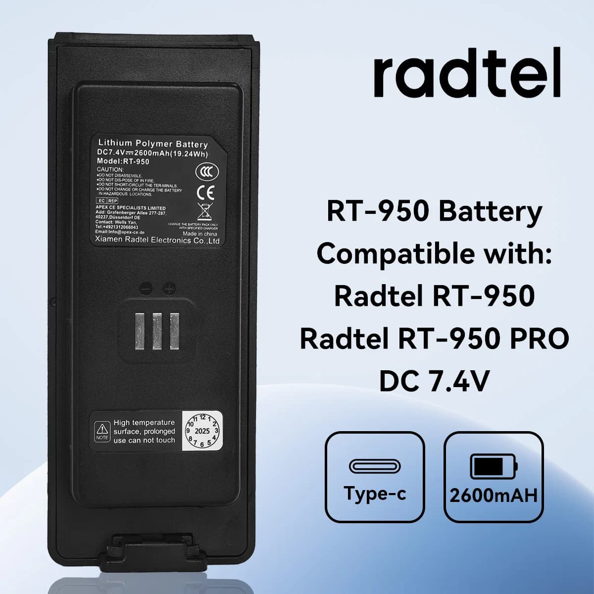 Batteria agli ioni di litio walkie-talkie 2600mAh per radioamatori bidirezionale Radtel RT-950 RT-950Pro