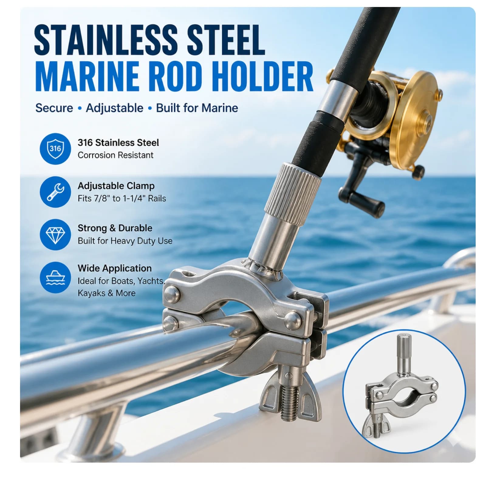 Rod Holder Mount Marine-Grade Fishing Rod Bracket with Pipe Clamp Fishing Pole Holder Corrosion-Resistant Rail Clamp Heavy-Duty