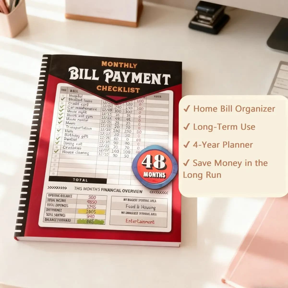 Agenda per la pianificazione del budget e il monitoraggio delle spese per 48 mesi, per la gestione delle finanze personali, 960 regalioli, layout facile da usare, portatile