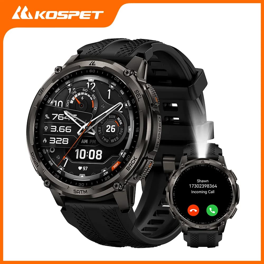 KOSPET TANK T4C Smartwatch Orologio robusto da esterno per uomo con torcia GPS dual-band Impermeabile fino a 50 m Tracker per fitness e salute