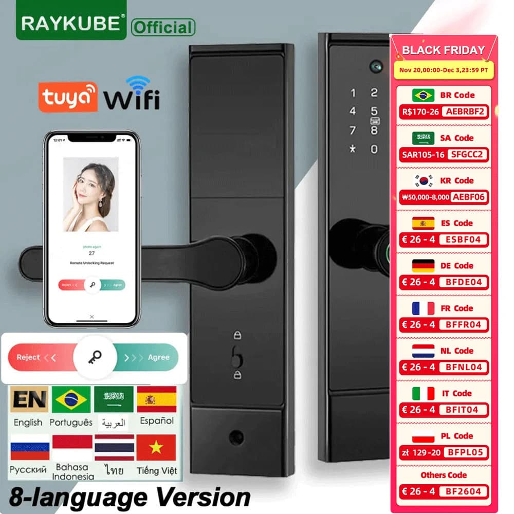 RAYKUBE P10 Tuya Wifi spioncino HD Camera Fingerprint Digital Smart Door Lock con Gateway integrato APP sblocco remoto 8 lingue