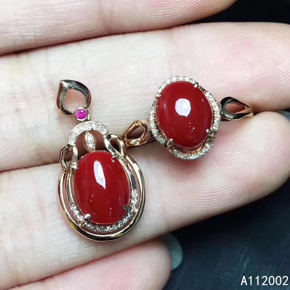 KJJEAXCMY Gioielli per ragazze Collana con ciondolo in pietra preziosa di corallo rosso naturale Set di anelli in argento puro 925 placcato in oro rosa regalo per Girlfrie