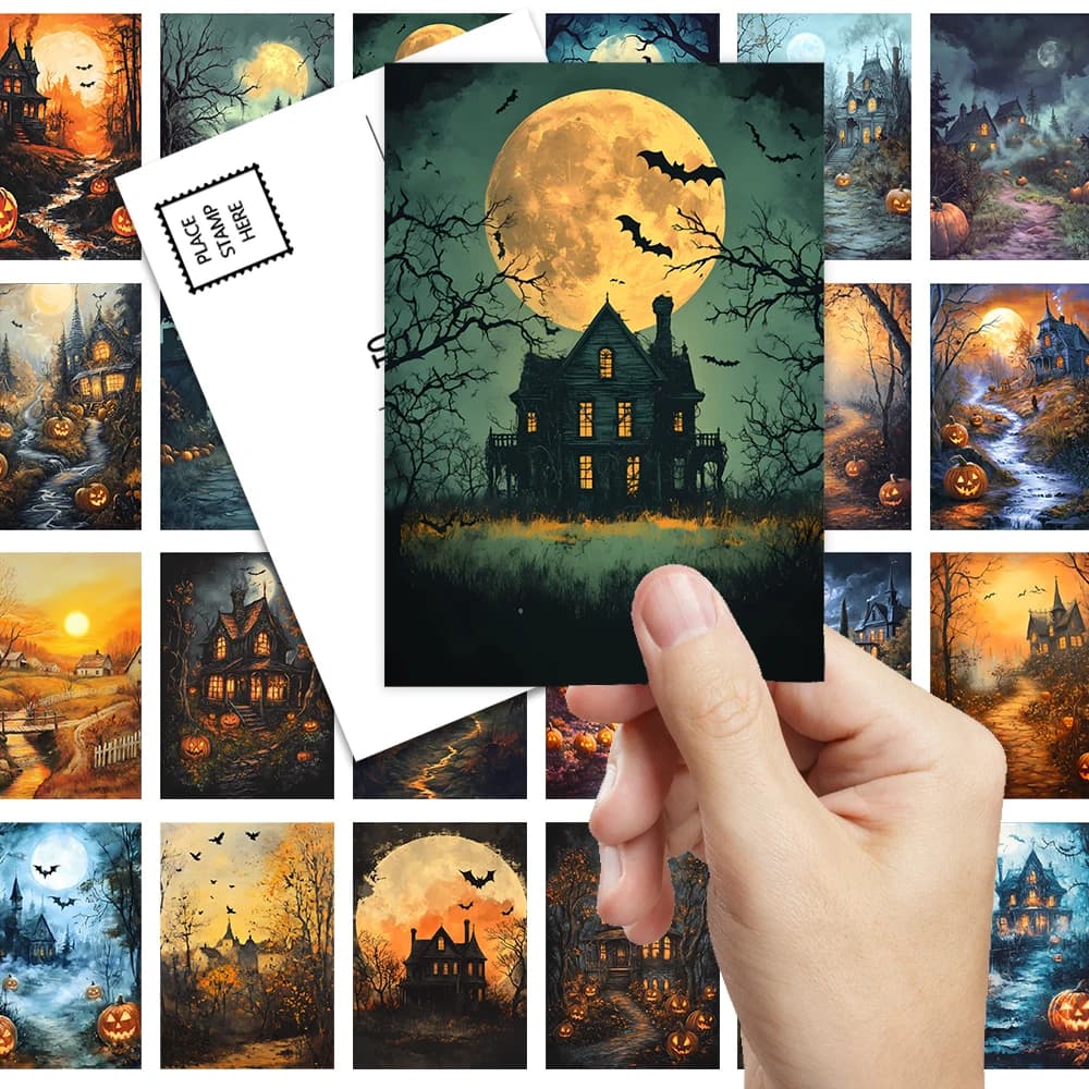 32 pezzi, cartoline paesaggistiche di Halloween ad acquerello, retrò spaventoso, regali di compleanno/anniversario, da collezione, giftable e postabile