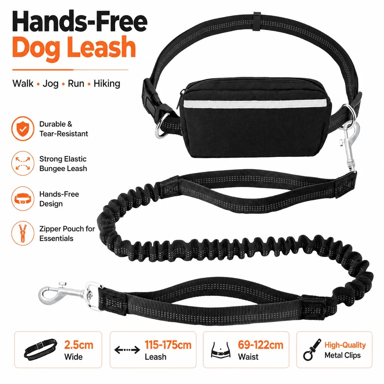 Hands Free Dog Leash with Waist Belt Bungee Shock Absorbing Running Lead for Dogs Adjustable Walking Jogging Hiking Pet Training