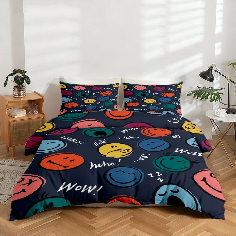 Set di biancheria da letto stampata digitalmente ad alta definizione, set copripiumino con motivo colorato a faccine sorridenti, set copripiumino con stampa floreale di grandi dimensioni, include 1 copripiumino + 2 federe, adatto per camera da letto, camera degli ospiti, decorazioni per la casa, set copripiumino + federa in fibra di poliestere, set tre pezzi, biancheria da letto ultra morbida, tessuto spesso, adatto a tutte le stagioni, lavabile in lavatrice, 3 pezzi
