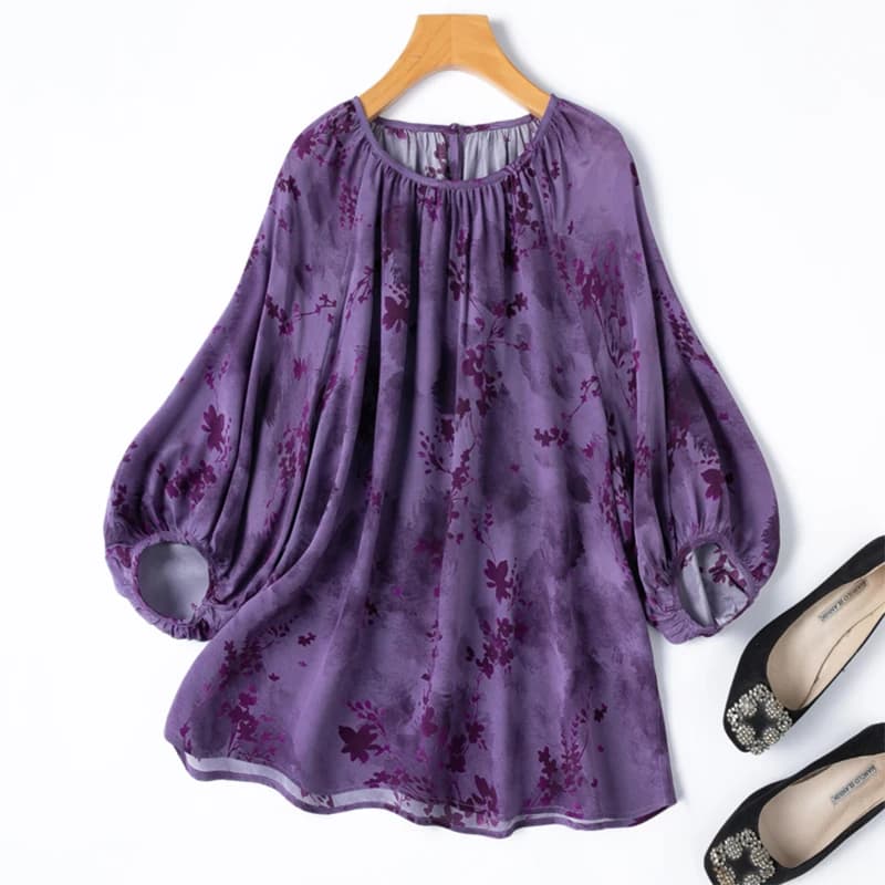Women Silk Blouse 100% Mulberry Crepe Silk Purple Floral Printed Loose Type Pullover Top Shirt 2025 Office Lady Work M1304