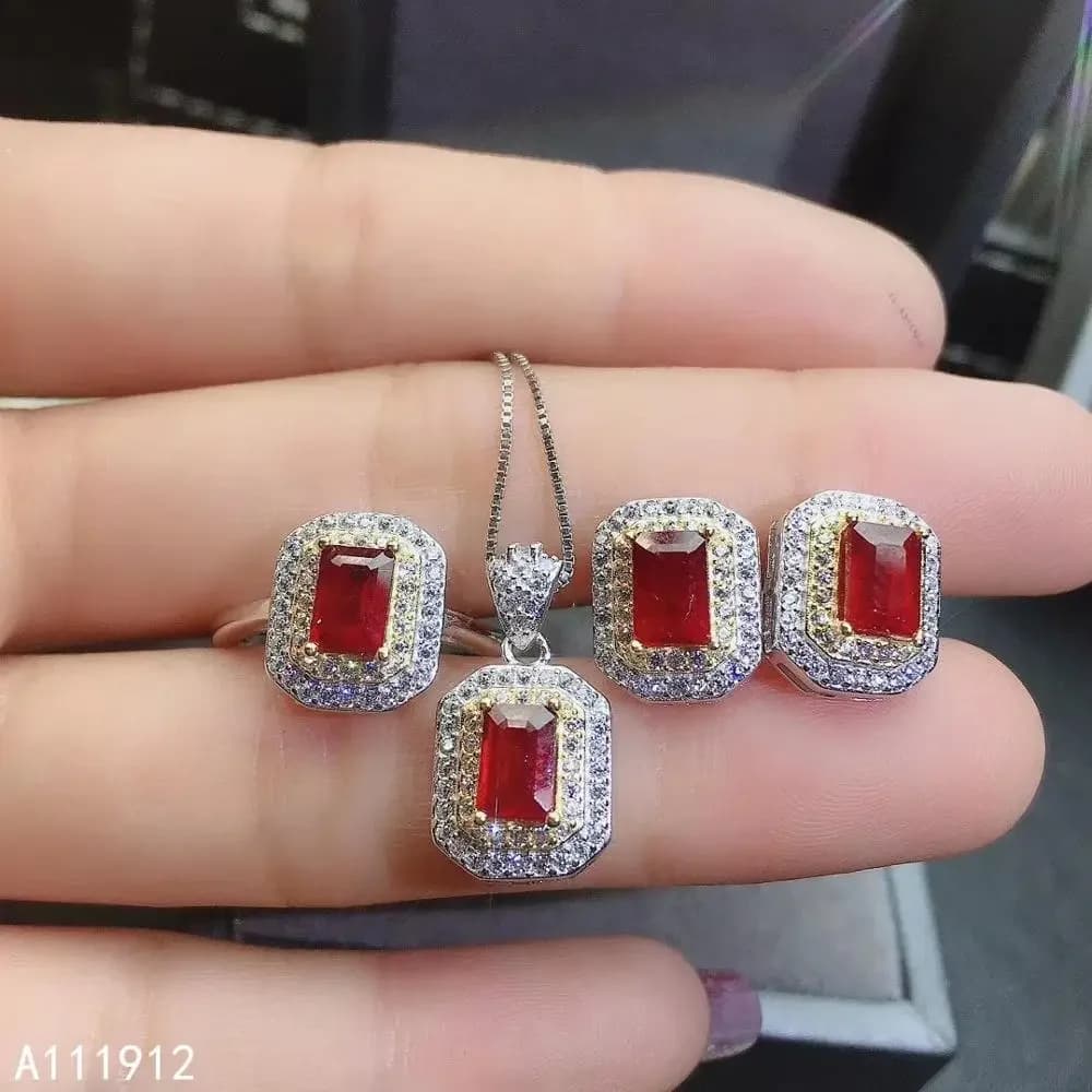 Boutique Jewelry 925 Puro Argento Placcato Platino con Rettangolare Anello con Rubino Naturale Orecchini Pendenti Set da Donna Regalo per Girlfr