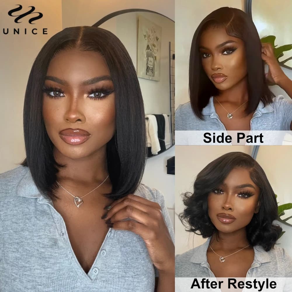 UNice Hair 7x5 & 13x4 Lace Yaki Straight Human Hair Bob Wig With Drawstring Pre Cut Pre Bleached Glueless Wig 150% Density