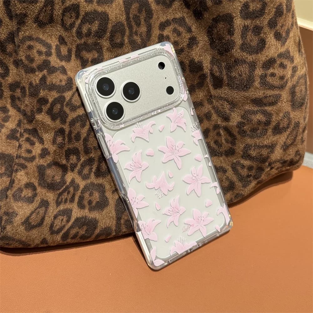 Custodia Protettiva Trasparente con Glitter a Forma di Fiore di Giglio per iPhone 16 Pro, 15 Max, 17 Pro Max, 15, 16, 17 - Stile Coreano Carino