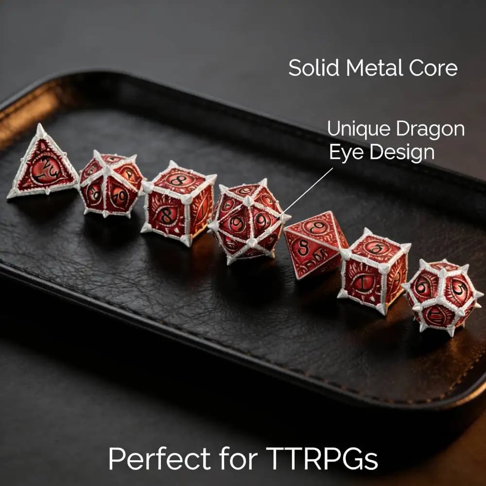 Set di Dadi in Metallo Premium per DND, Dadi Poliedrici con Bordo Affilato a Occhio di Drago per Giochi di Ruolo come Dungeons and Dragons, Regalo per Giocatori di DnD