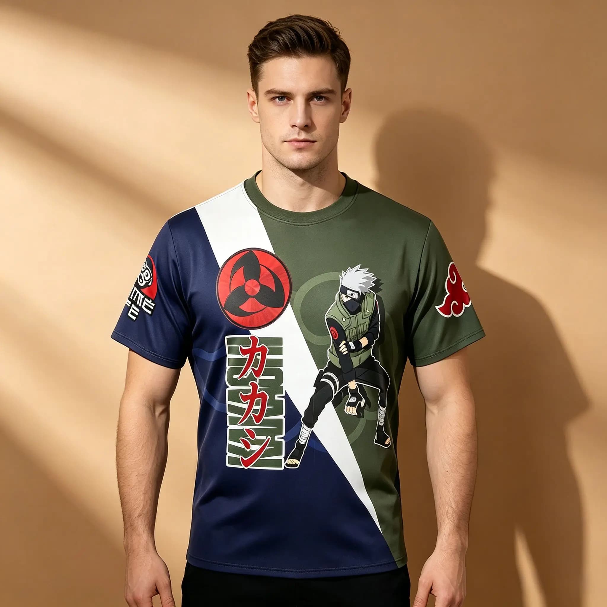 Men's Split Two Tone Full Sublimated Anime Graphic T-Shirt, Naruto Hatake Kakashi Print Sharingan Akatsuki Cloud Leaf Village Lo
