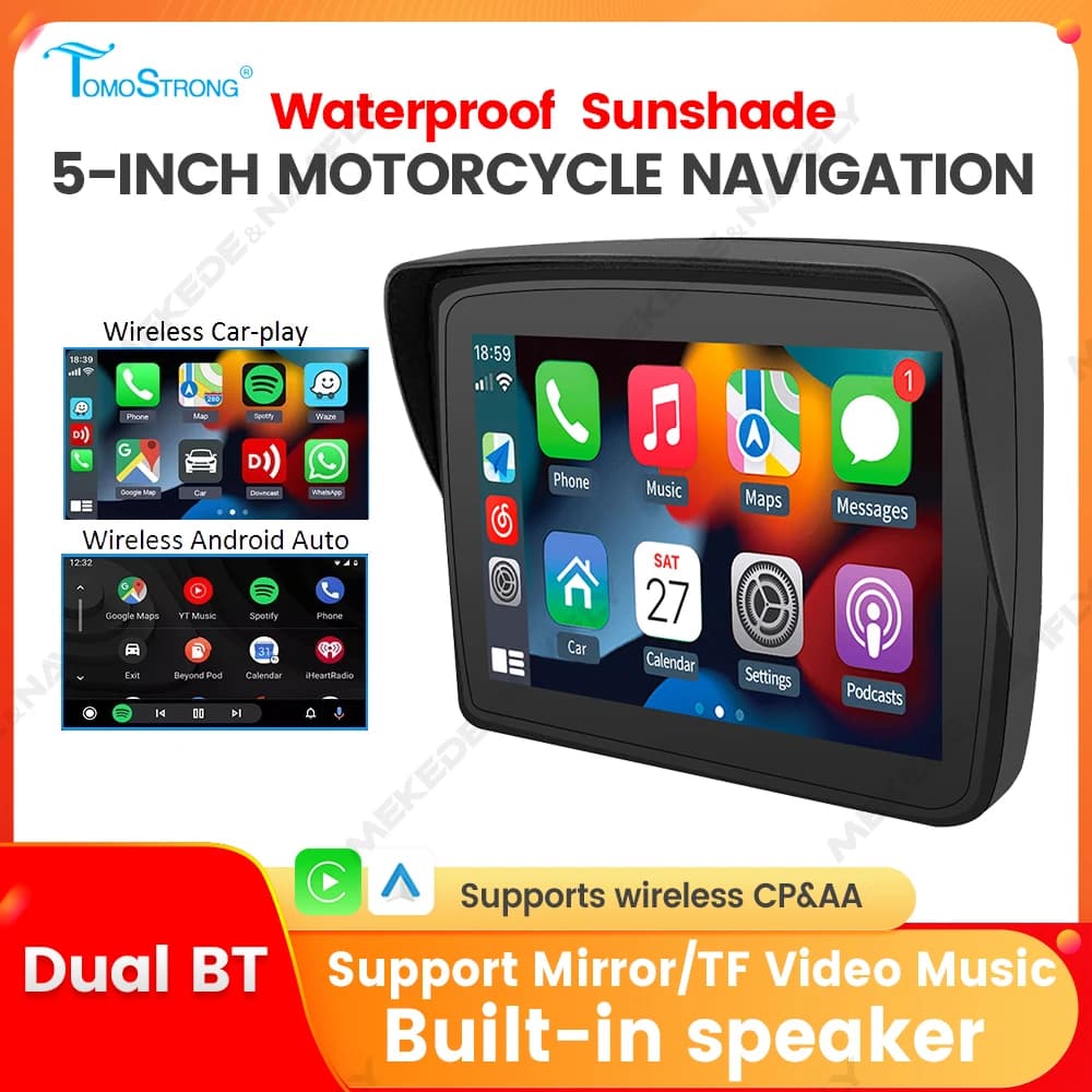 5" portable wireless Carplay Android Aut Motorcycle Smart Screen support GPS Dual BT IP67 Waterproof Screen Recorder PhoneLink