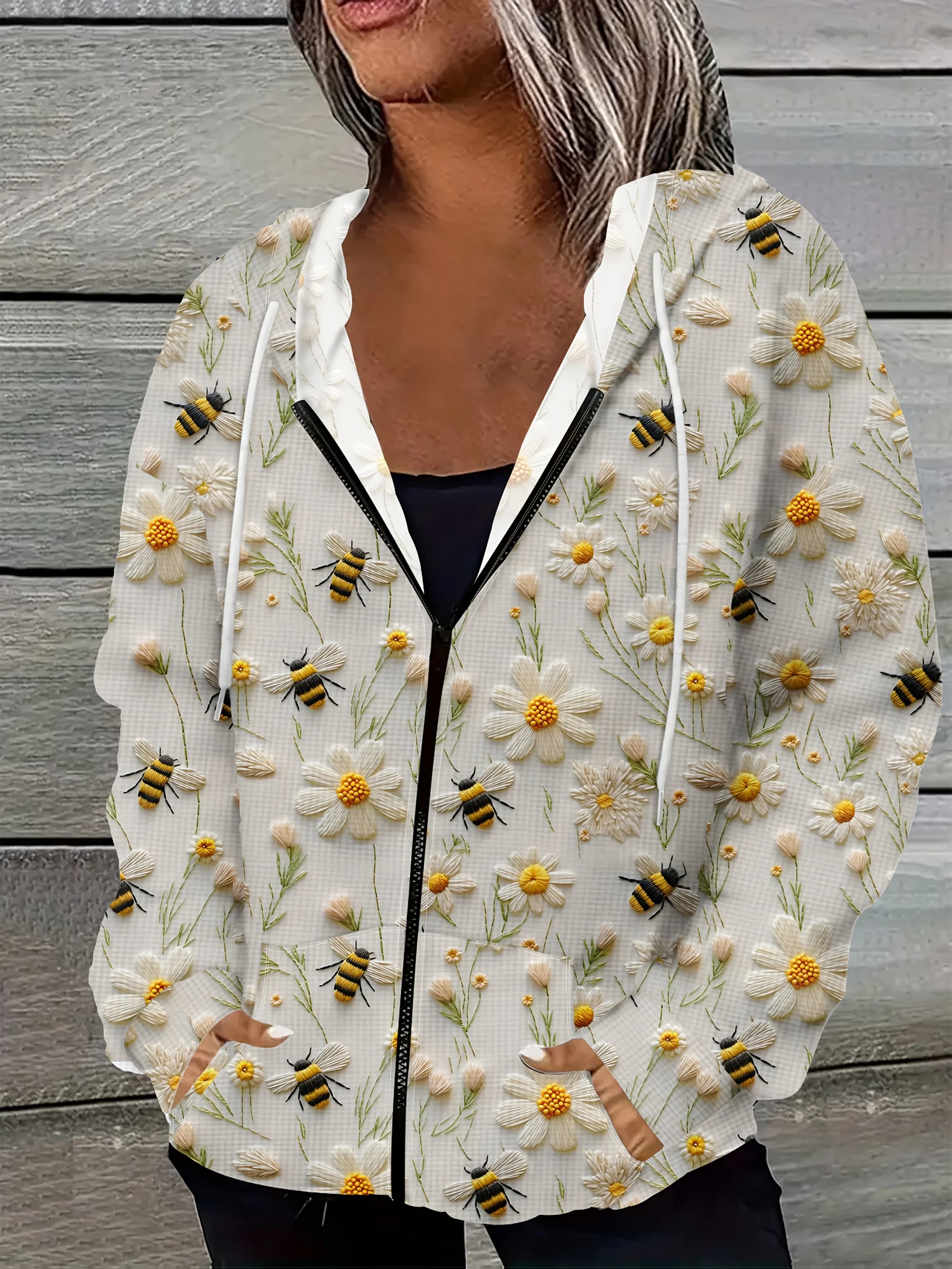 Giacca casual da donna con cappuccio e cerniera, stile elegante e casual, con stampa di margherite, api, fiori e natura