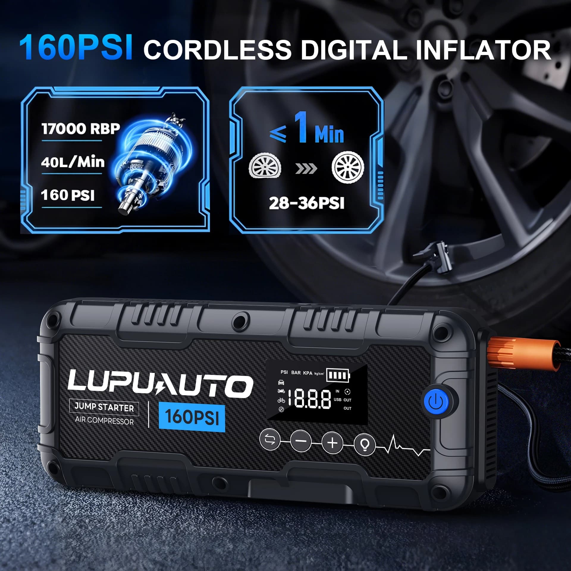 Avviatore d'Emergenza per Auto 7000A con Compressore d'Aria 160 PSI, Dispositivo di Avviamento 12V, Batteria 24000mAh per Avviamento Auto