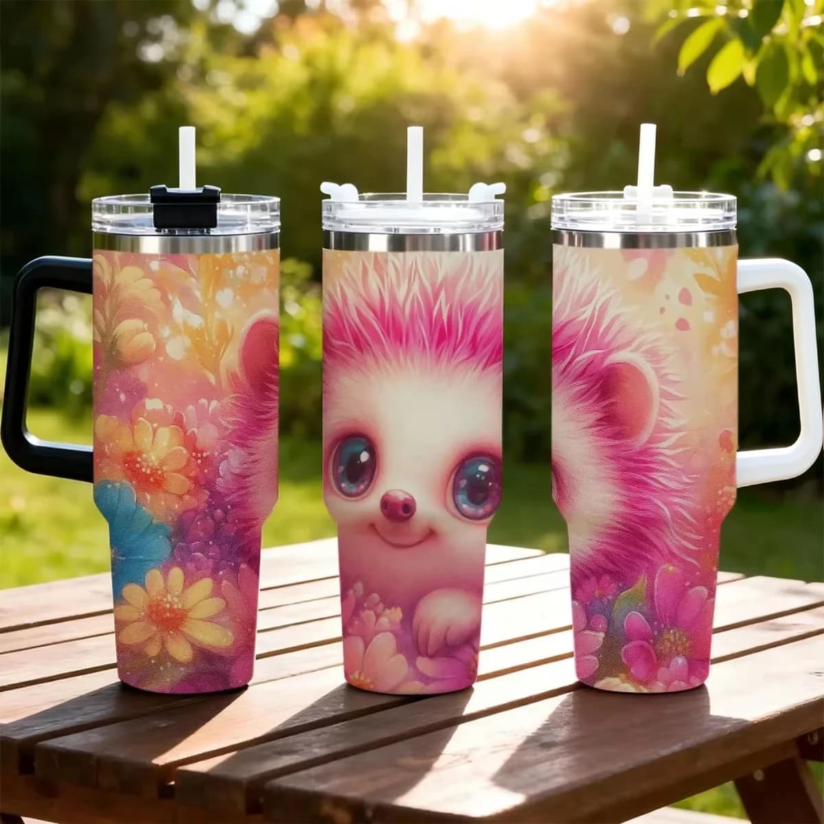 1pc 40Oz Adorable Hedgehog Floral Vacuum Cup Mug - Vacuum-Sealed Stainless Steel Water Bottle Featuring Straw & Handle, Leakproof Flip Top - Maintains Beverage Temperature for Hours in Pastel Pink, Blue, Purple, Yellow, And Orange