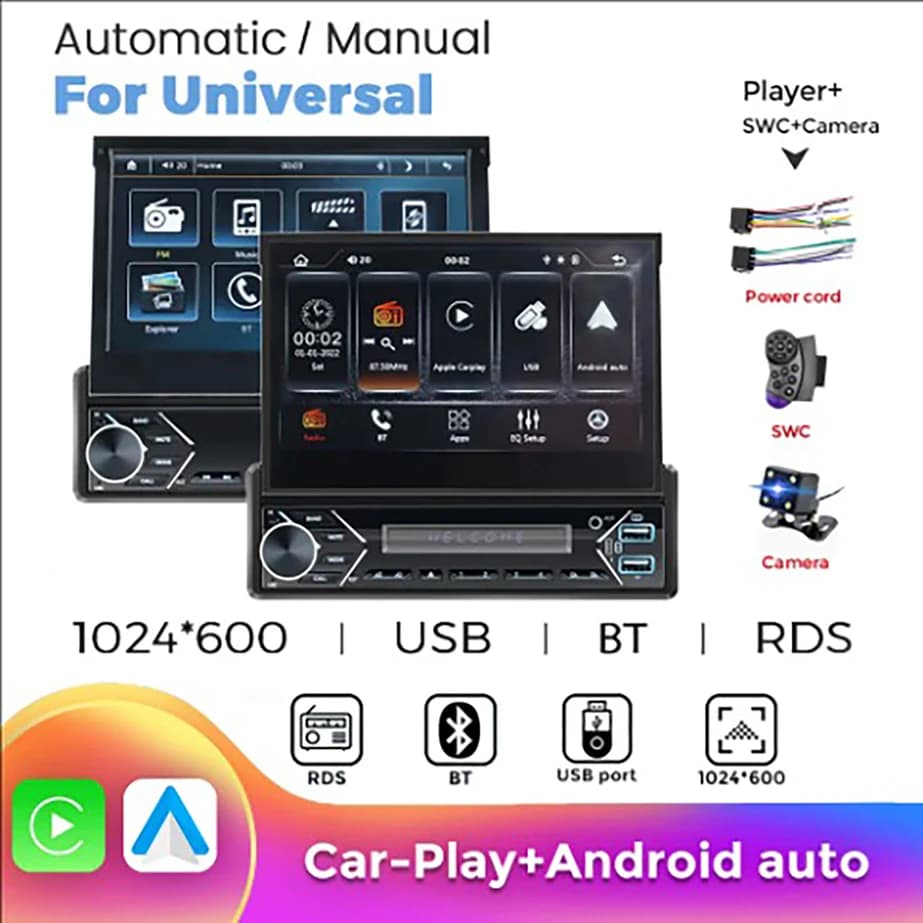 NaviFly Universale 7 "1 Din Lettore MP5 Auto/Manuale Schermo Retrattile Wireless CarPlay Android Auto Autoradio FM AUX Mirror Link