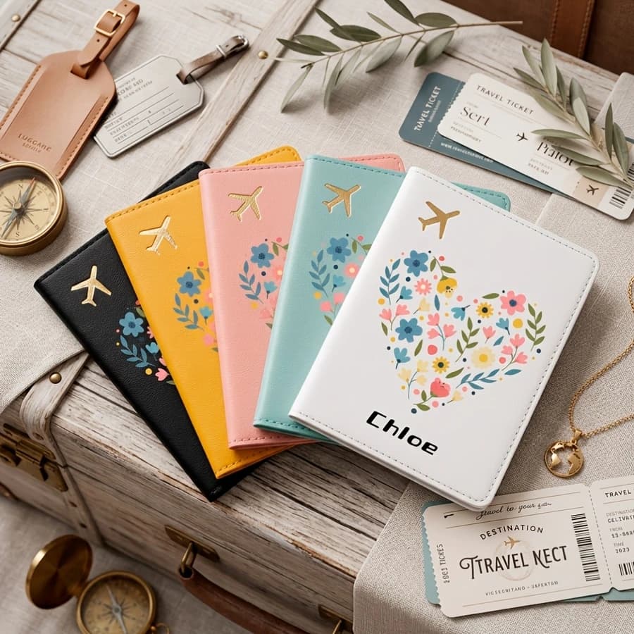 Custom Text Name Cartoon Heart Floral Flip Open Passport Holder Stylish Portable Personalized Travel Essential Pouch