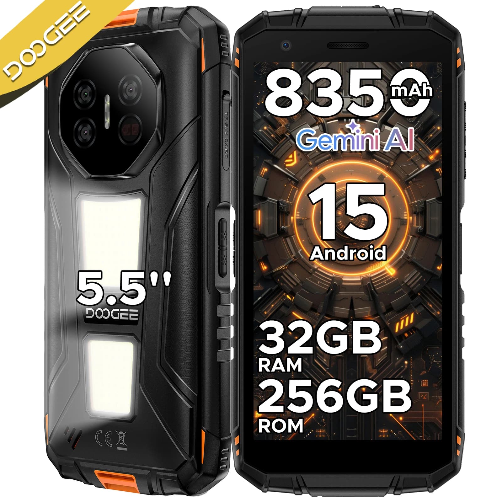 DOOGEE Fire 3 Max Telefono Robusto 32GB+256GB Display HD+ da 5.5" Luci da Campeggio IP68 8350mAh T7250 48MP NFC Android15 Widevine L1
