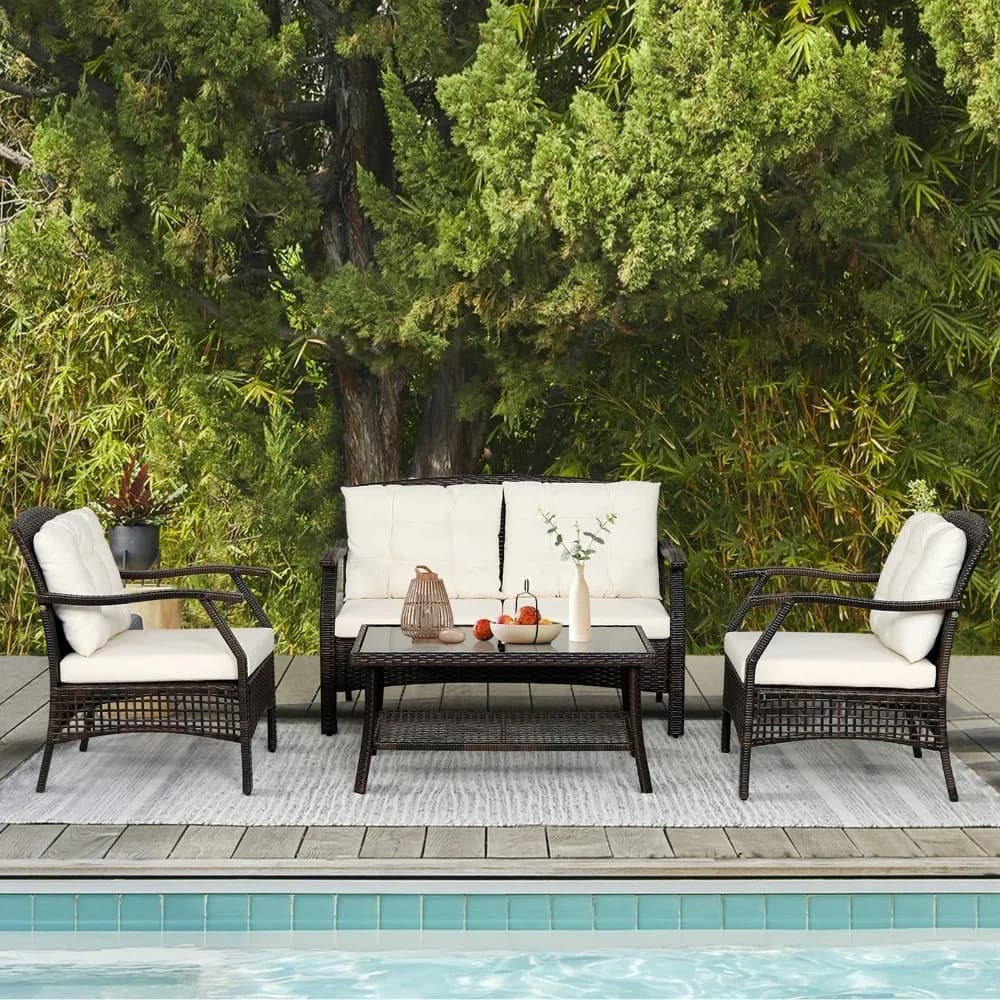Set di mobili da giardino in rattan da 4 pezzi, set di divani in vimini con copertura impermeabile