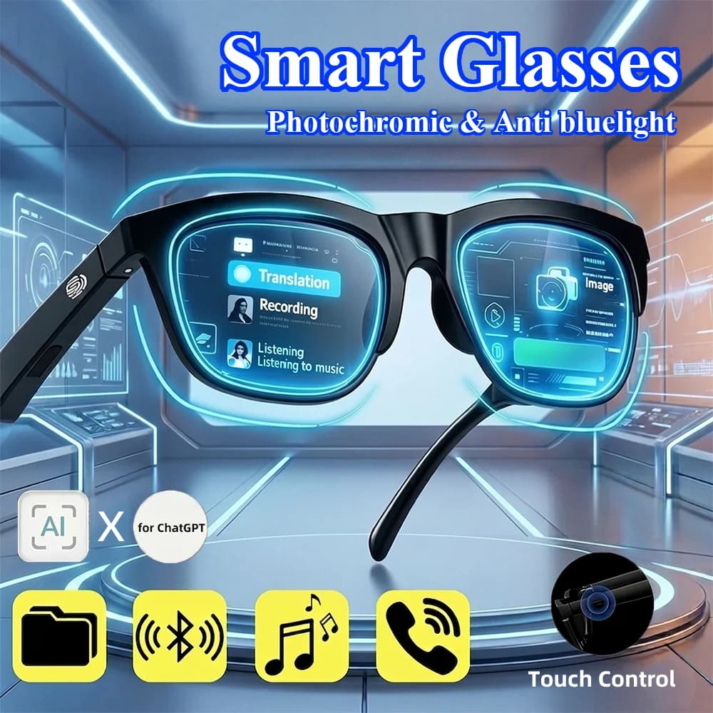Occhiali Smart Fotocromatici Anti Luce Blu Bluetooth V5.3 con Funzione Chiamata, Cuffie HIFI, Occhiali da Sole UV400 per Uomo e Donna, Sport, Pesca, Lavoro