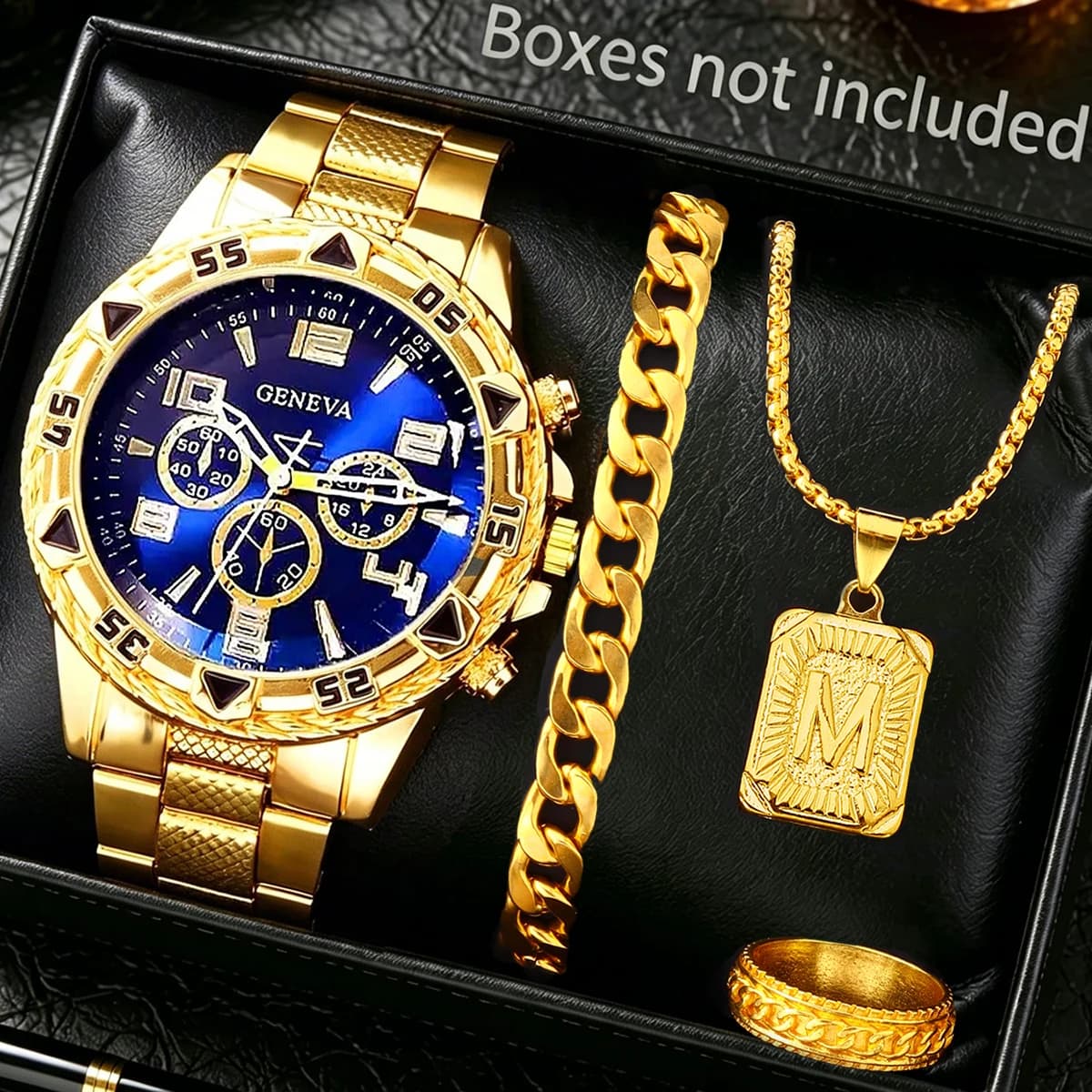 4-piece set, men's stylish large dial watch paired with a Cuban bracelet, square M pendant necklace, and ring, suitable for everyday wear, an excellent gift for him, watch box not included.