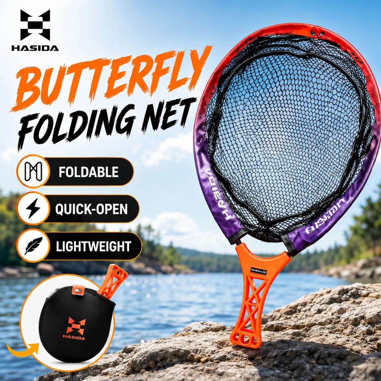 Rete da Pesca Tascabile HISTAR Butterfly, 184g, Leggera e Pieghevole, Rete di Recupero in Silicone a Rete Rapida, Rete Manuale ad Apertura Veloce per Acqua Dolce