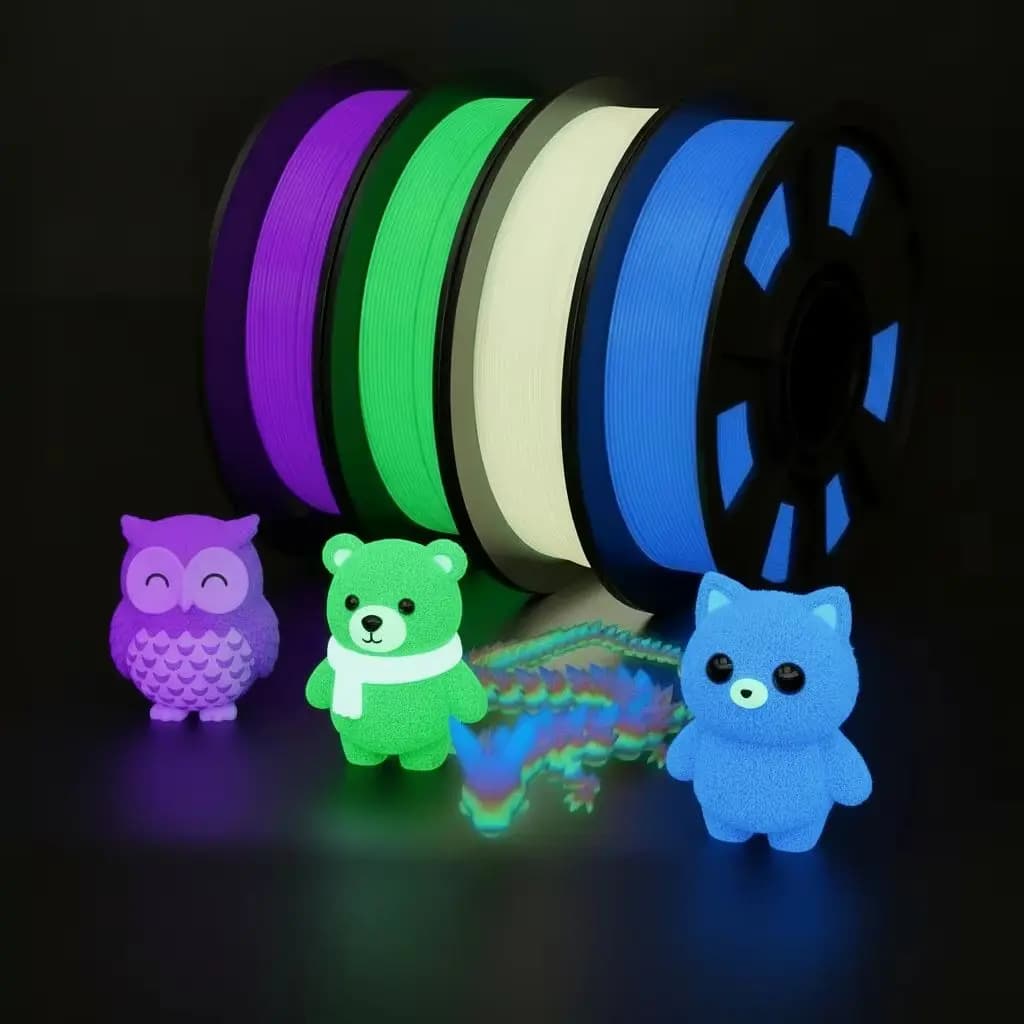 Pack of 4 filaments for 3D printer PLA lighting in the dark, assorted colors, blue, green, purple, rainbow, 250 g each